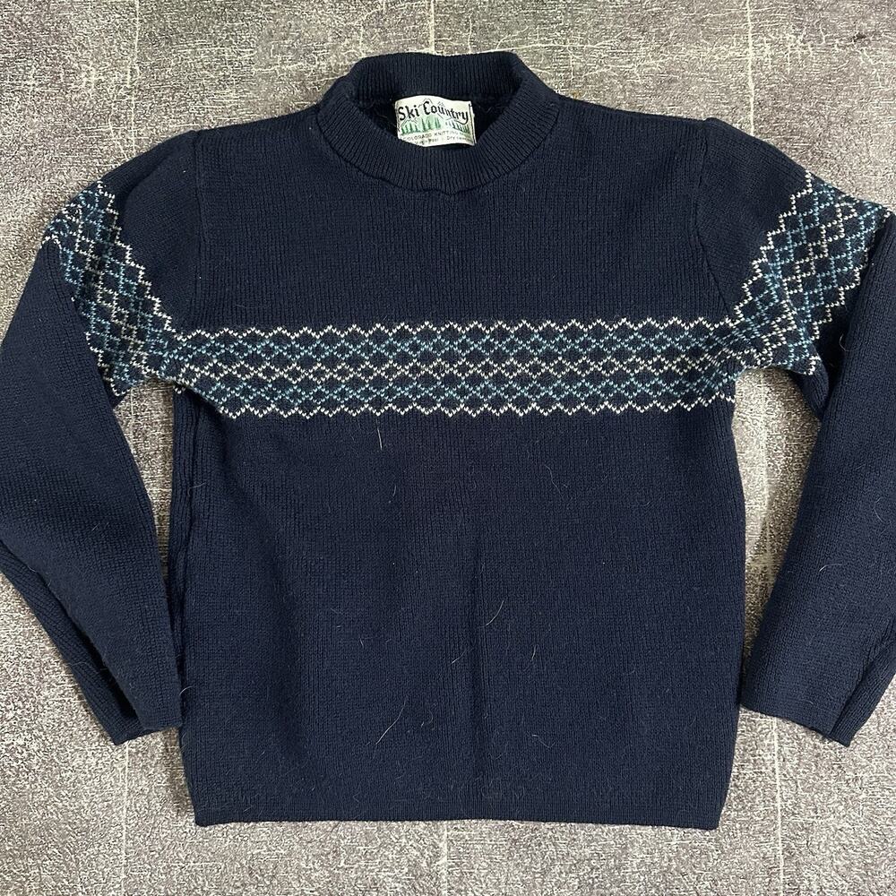 Women's Vintage 70's Colorado Ski Country Navy Blue White Pullover Sweater Sz S